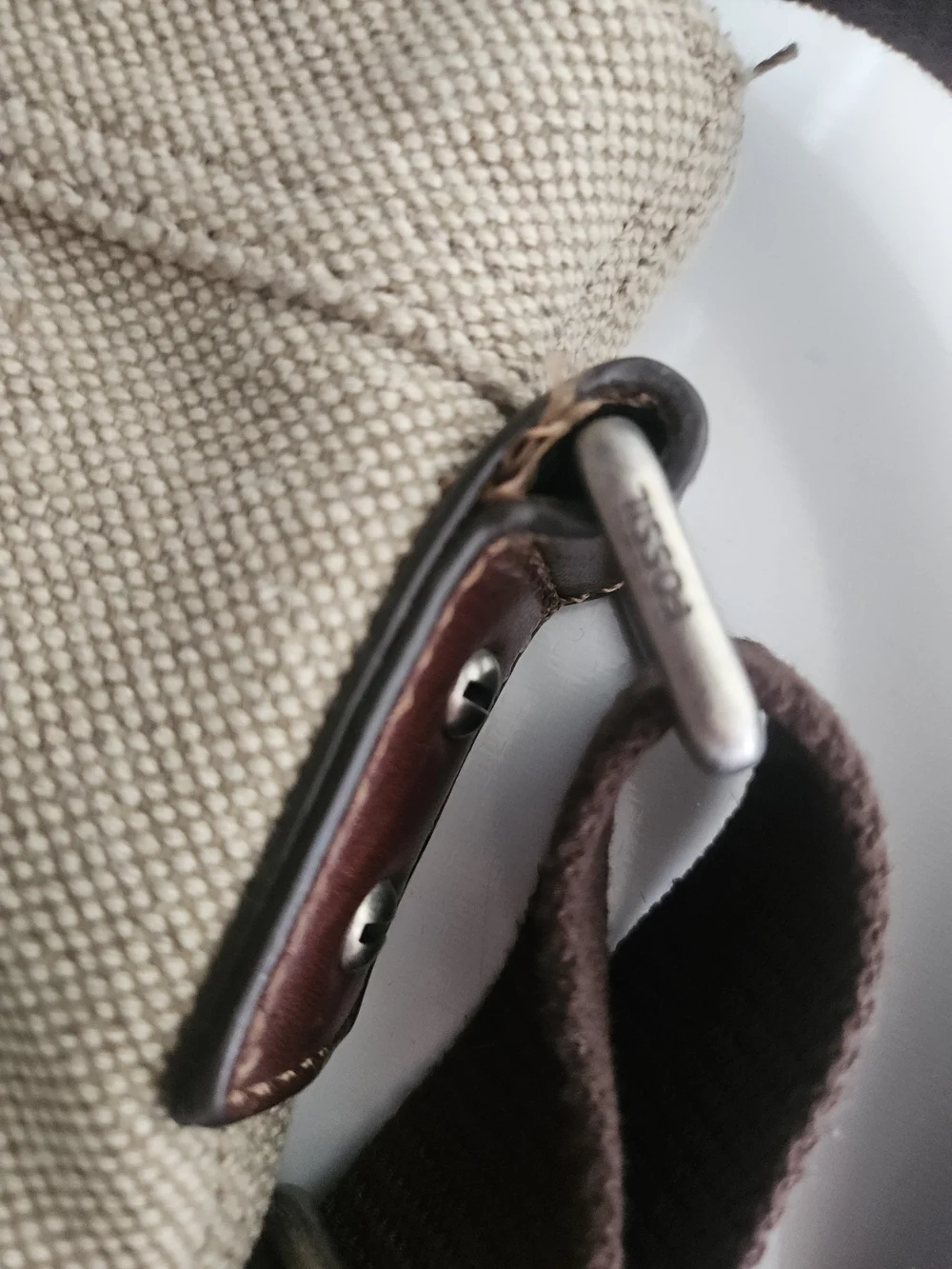 Fossil Men's Canvas Crossbody Bag in Beige with Brown Trim